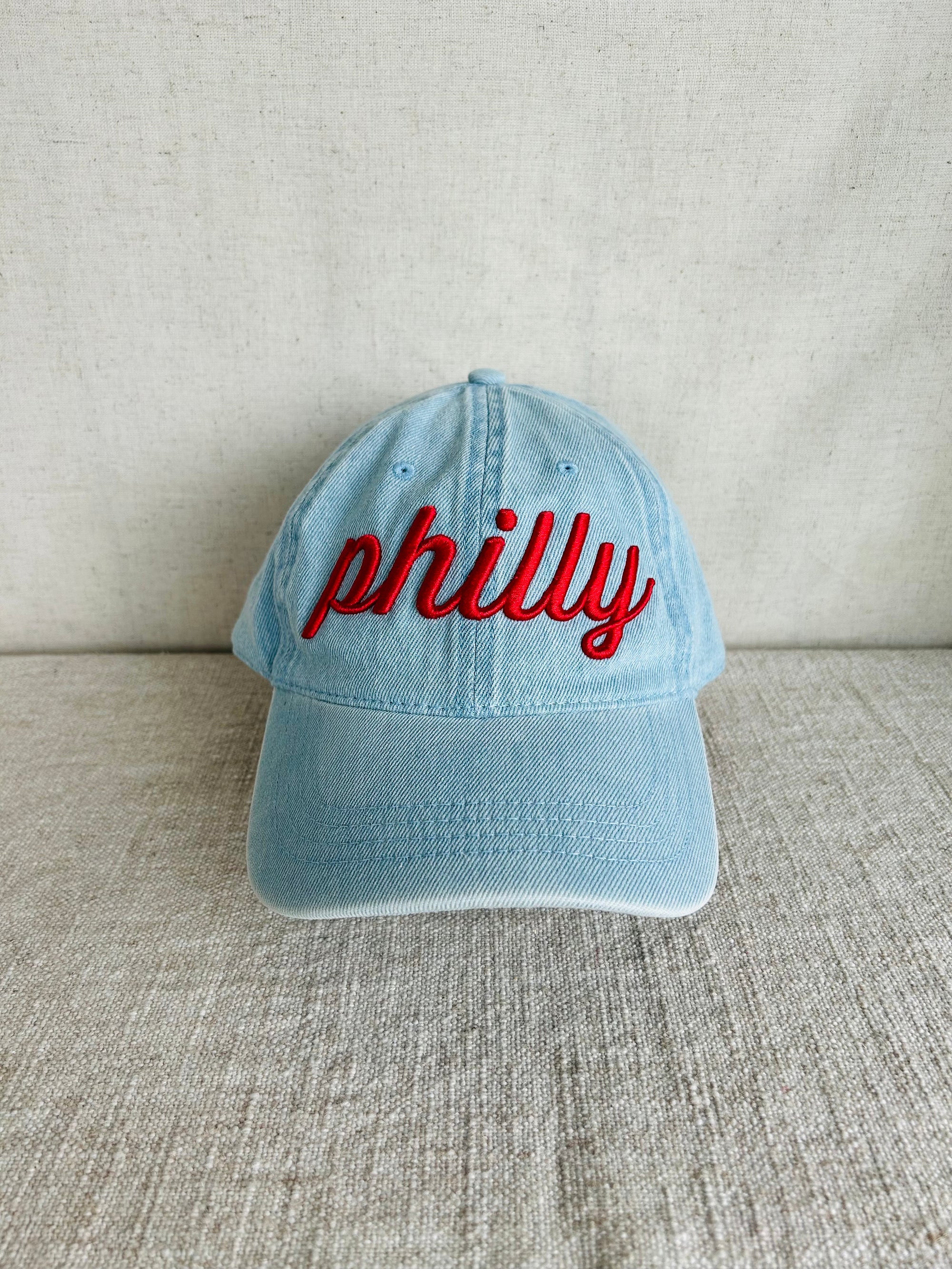 Philly Script Dad Hat - Light Denim w Red
