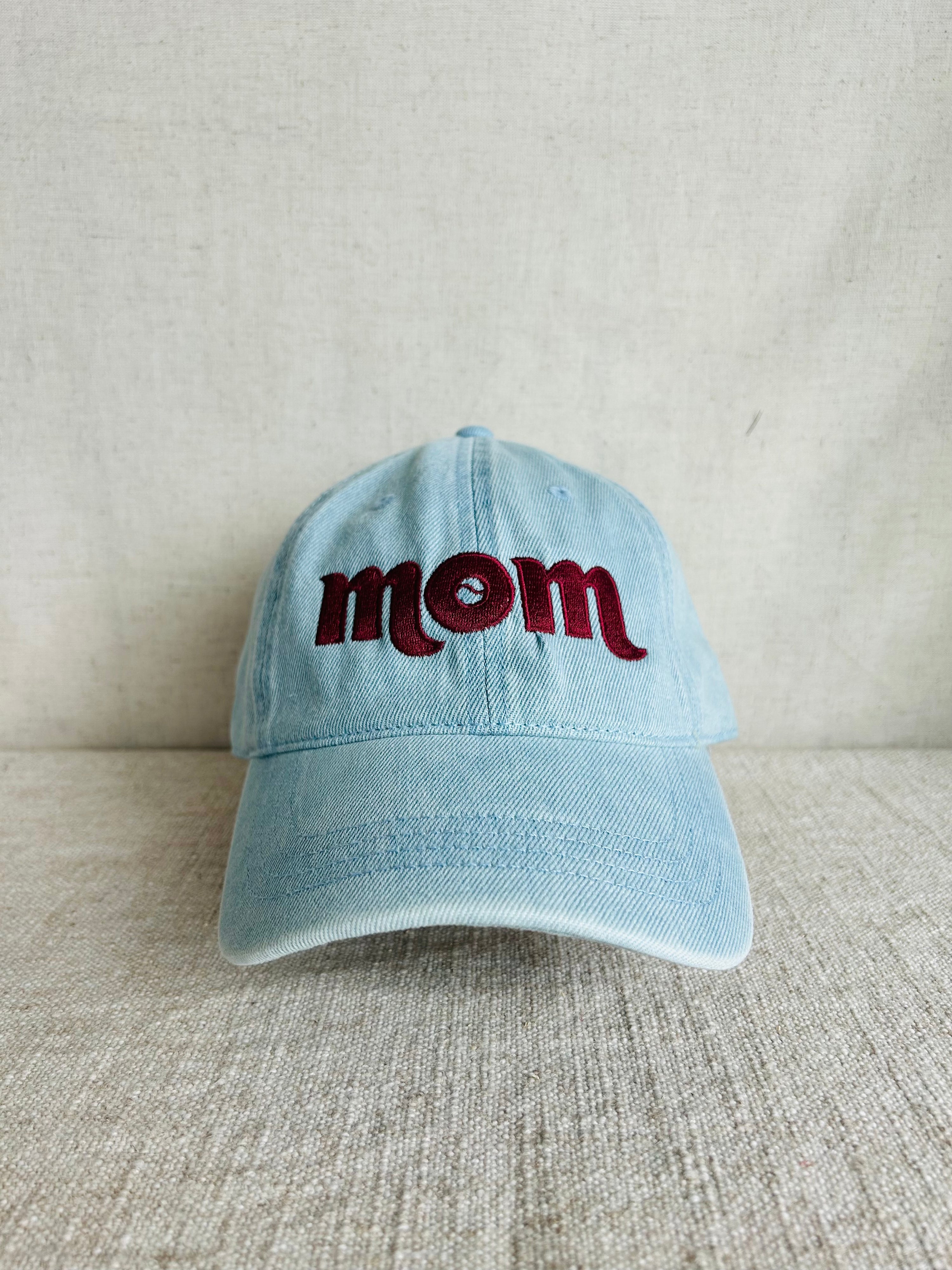 Retro Mom Dad Hat - Light Denim w Maroon