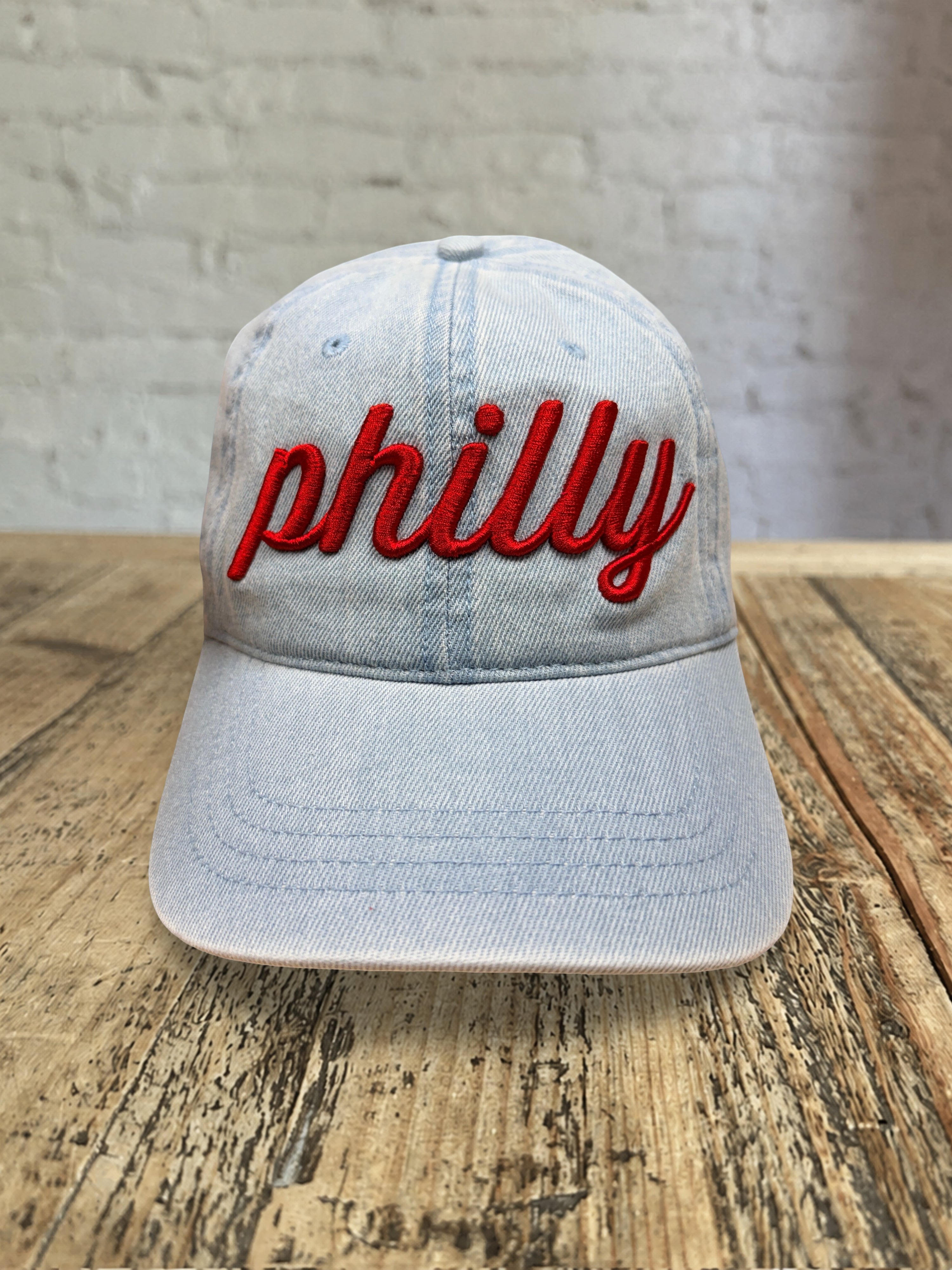 Philly Script Dad Hat - Light Denim w Red