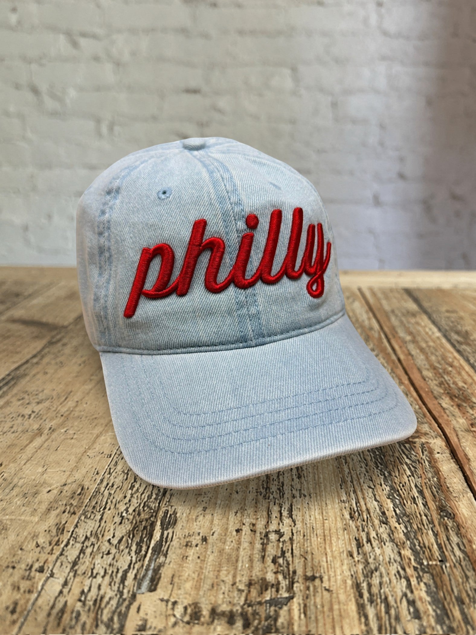 Philly Script Dad Hat - Light Denim w Red